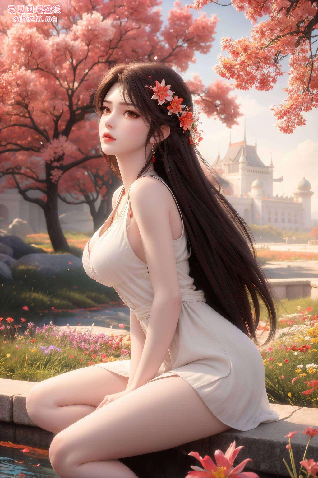 这幅动漫高清壁纸水彩渲染下的她如梦似幻